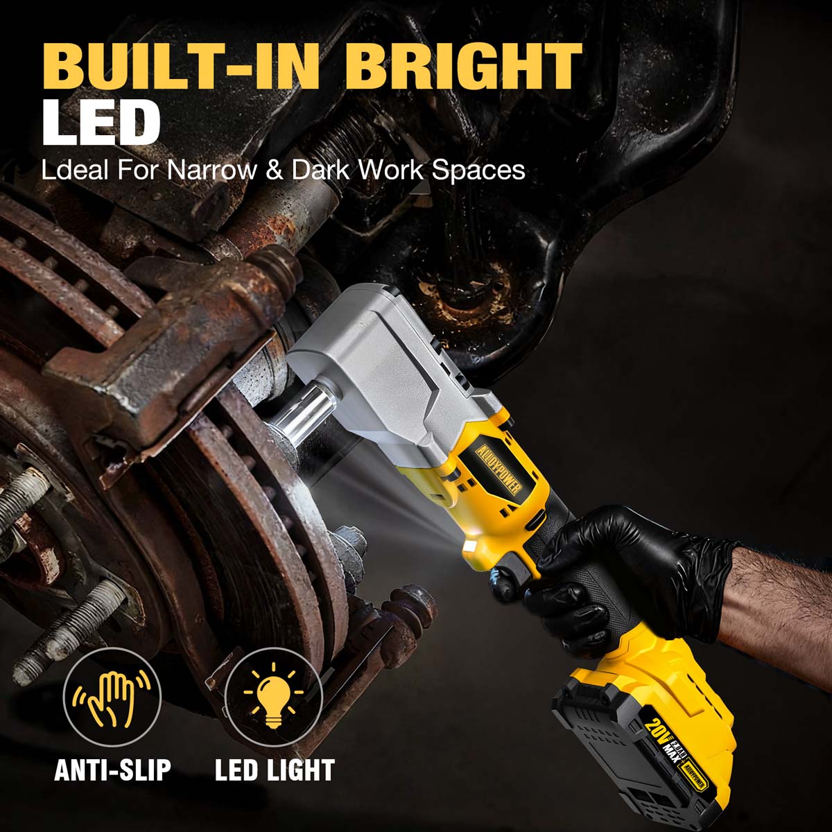 20V Brushless Right Angle Wrench - 280N.M High Torque with 2×2.0Ah Batteries