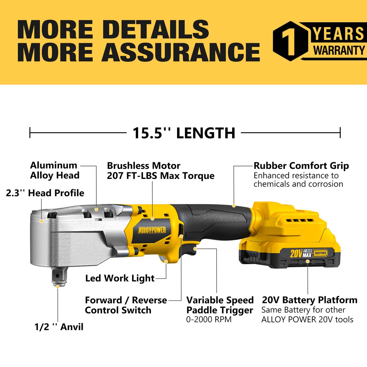 20V Brushless Right Angle Wrench - 280N.M High Torque with 2×2.0Ah Batteries