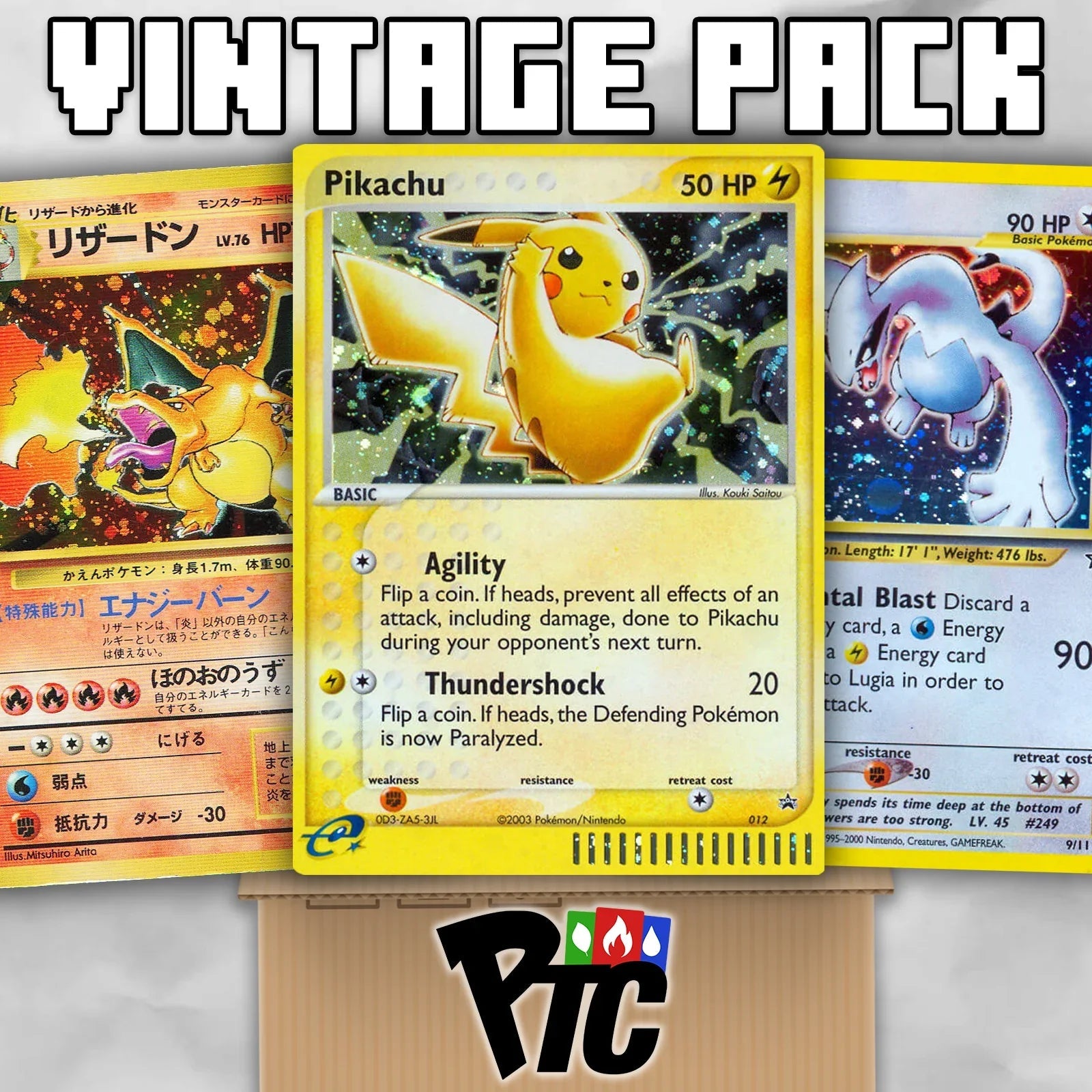 Vintage Pokémon cards Pikachu, Charizard, and Lugia displayed with PTC Collectibles logo