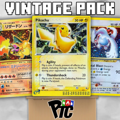 Vintage Pokémon cards Pikachu, Charizard, and Lugia displayed with PTC Collectibles logo
